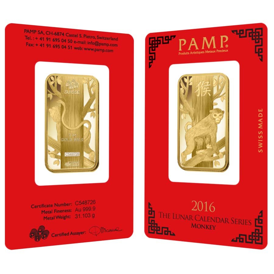 1 oz PAMP Suisse Lunar Monkey Gold Bar