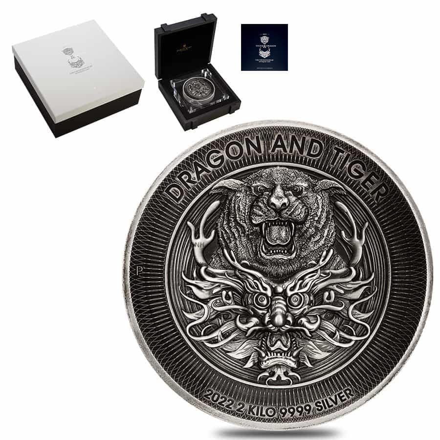 2022 2 Kilo Antique Australian Silver Dragon and Tiger Coin