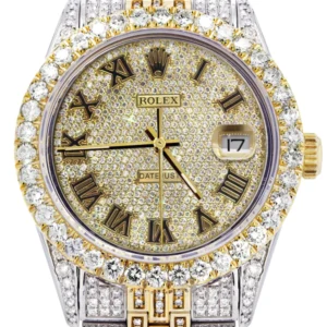 Iced Out Rolex Datejust 36 MM | Two Tone | 10 Carats of Diamonds | Full Diamond Gold Roman Diamond Dial