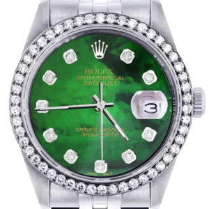 Diamond Mens Rolex Datejust Watch 16200 | 36Mm | Green Diamond Mother Of Pearl Dial | Jubilee Band