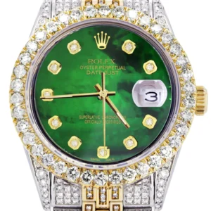 Iced Out Rolex Datejust 36 MM | Two Tone | 10 Carats of Diamonds | Green Mother of Pearl Diamond Dial