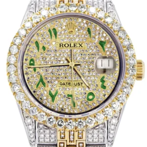 Iced Out Rolex Datejust 36 MM | Two Tone | 10 Carats of Diamonds | Full Diamond Green Arabic Diamond Dial