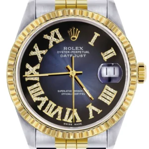 Mens Rolex Datejust Watch 16233 Two Tone | Fluted Bezel | 36Mm | Blue Black Roman Dial | Jubilee Band
