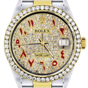 Diamond Gold Rolex Watch For Men 16233 | 36Mm | Custom Red Arabic Full Diamond Dial | Oyster Band