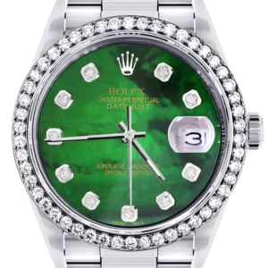 Diamond Mens Rolex Datejust Watch 16200 | 36Mm | Green Diamond Mother Of Pearl Dial | Oyster Band