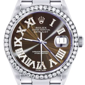 Diamond Mens Rolex Datejust Watch 16200 | 36Mm | Custom Dark Brown Roman Numeral Dial | Oyster Band