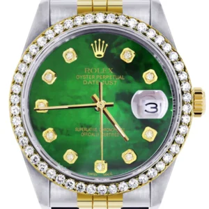 Diamond Rolex Datejust for Men 16233 Two Tone | 36MM | Green Diamond Mother Of Pearl Dial | Jubilee Band