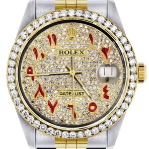 Diamond Gold Rolex Watch For Men 16233 | 36Mm | Custom Red Arabic Full Diamond Dial | Jubilee Band