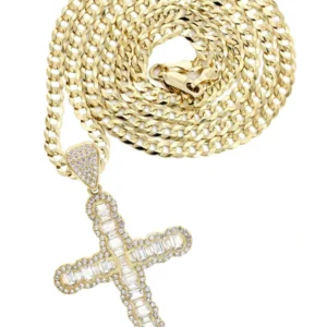 10K Yellow Gold Baguette Cross Necklace | Appx. 15.6 Grams