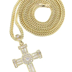 10K Yellow Gold Baguette Cross Necklace | Appx. 16.2 Grams