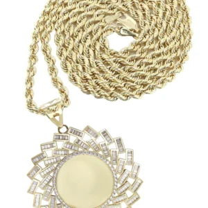 10K Yellow Gold Baguette Round Picture Necklace | Appx. 25 Grams