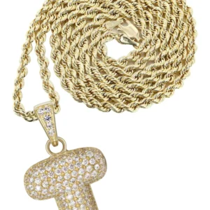 10K Yellow Gold Bubble Letter "T" CZ Necklace | Appx. 13 Grams