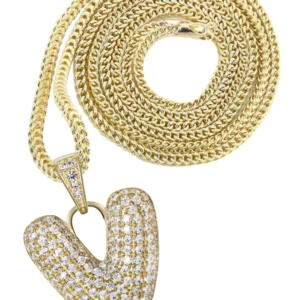 10K Yellow Gold Bubble Letter "V" CZ Necklace | Appx. 13.1 Grams