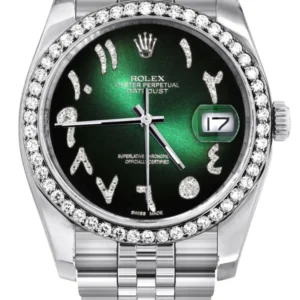 116200 | Hidden Clasp | Diamond Rolex Datejust Watch | 36Mm | Green Black Arabic Diamond Dial | Jubilee Band