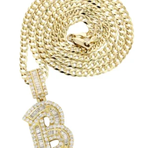 14K Yellow Gold Letter "B" Baguette Diamond Necklace | 2.15 Carats