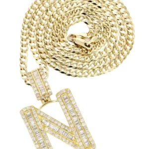 14K Yellow Gold Letter "N" Baguette Diamond Necklace | 2.1 Carats