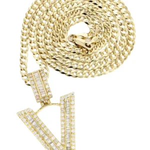 14K Yellow Gold Letter "V" Baguette Diamond Necklace | 1.81 Carats