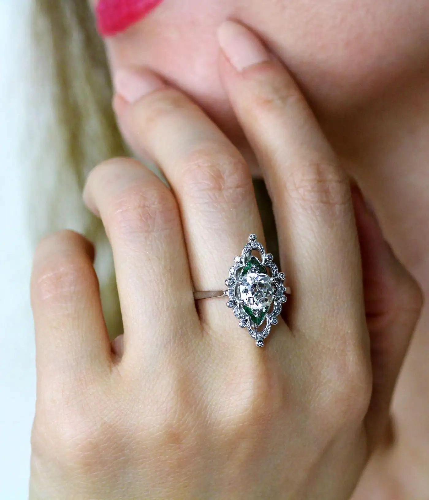 Antique-Edwardian-Old-Cut-Cushion-Diamond-2.0cts-Emerald-Ring-in-Platinum-4.webp