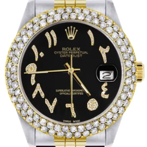 Diamond Gold Rolex Watch For Men 16233 | 36Mm | Black Arabic Diamond Dial | Two Row 4.25 Carat Bezel | Jubilee Band