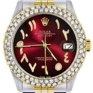 Diamond Gold Rolex Watch For Men 16233 | 36Mm | Red Black Arabic Diamond Dial | Two Row 4.25 Carat Bezel | Jubilee Band