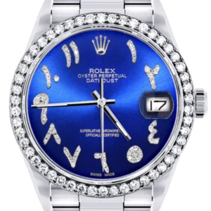 Diamond Mens Rolex Datejust Watch 16200 | 36Mm | Royal Blue Arabic Diamond Dial | Oyster Band