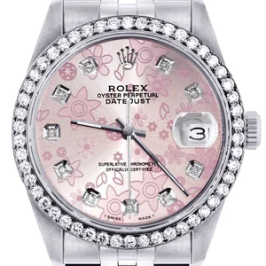 Diamond Mens Rolex Datejust Watch 16200 | 36MM | Pink Flower Diamond Dial | Jubilee Band
