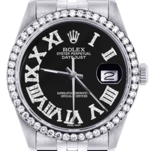 Diamond Mens Rolex Datejust Watch 16200 | 36Mm | Black Roman Numeral Dial | Jubilee Band