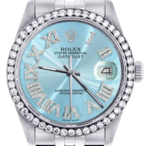 Diamond Mens Rolex Datejust Watch 16200 | 36Mm | Light Blue Roman Numeral Dial | Jubilee Band