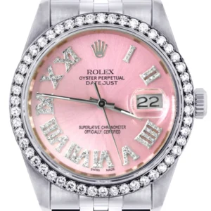Diamond Mens Rolex Datejust Watch 16200 | 36Mm | Light Pink Roman Numeral Dial | Jubilee Band