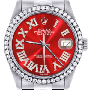 Diamond Mens Rolex Datejust Watch 16200 | 36Mm | Red Roman Numeral Dial | Jubilee Band