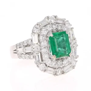 GIA Certified Emerald Diamond 18K White Gold Art-Deco Inspired Cocktail Ring