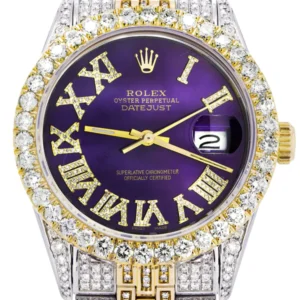 Iced Out Rolex Datejust 36 MM | Two Tone | 10 Carats of Diamonds | Purple Roman Diamond Dial