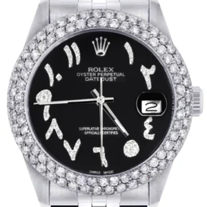 Mens Rolex Datejust Watch 16200 | 36Mm | Black Arabic Diamond Dial | Two Row 4.25 Carat Bezel | Jubilee Band