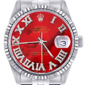 Mens Rolex Datejust Watch 16200 | Fluted Bezel | 36Mm | Red Mother of Pearl Roman Numeral Dial | Jubilee Band