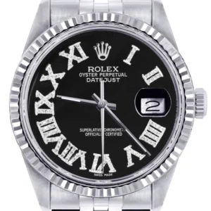 Mens Rolex Datejust Watch 16200 | Fluted Bezel | 36Mm | Black Roman Numeral Dial | Jubilee Band