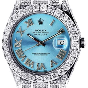 Diamond Rolex Datejust 2 | Stainless Steel | Custom Blue Roman Numeral Dial | 41 MM | 16.55 Carats
