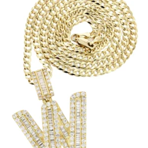 Yellow Gold Letter "W" Baguette Diamond Necklace | 3.3 Carats