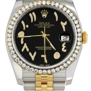 116233 | Hidden Clasp | Gold & Steel Rolex Datejust Watch | 36Mm | Black Arabic Diamond Dial | Jubilee Band