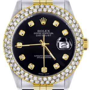 Diamond Gold Rolex Watch For Men 16233 | 36Mm | Black Dial | Two Row 4.25 Carat Bezel | Jubilee Band