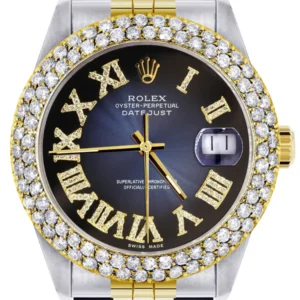 Diamond Gold Rolex Watch For Men 16233 | 36Mm | Blue Black Roman Numeral Dial | Two Row 4.25 Carat Bezel | Jubilee Band