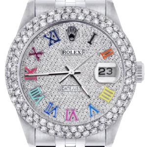 Mens Rolex Datejust Watch 16200 | 36Mm | Full Diamond Color Roman Numeral Dial | Two Row 4.25 Carat Bezel | Jubilee Band