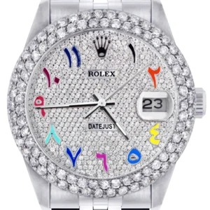 Mens Rolex Datejust Watch 16200 | 36Mm | Full Diamond Color Arabic Dial | Two Row 4.25 Carat Bezel | Jubilee Band