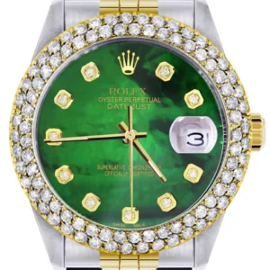 Diamond Gold Rolex Watch For Men 16233 | 36Mm | Green Mother of Pearl Dial | Two Row 4.25 Carat Bezel | Jubilee Band