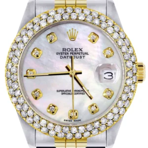 Diamond Gold Rolex Watch For Men 16233 | 36Mm | Mother of Pearl Dial | Two Row 4.25 Carat Bezel | Jubilee Band