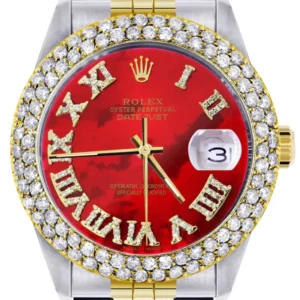 Diamond Gold Rolex Watch For Men 16233 | 36Mm | Red Mother of Pearl Roman Numeral Dial | Two Row 4.25 Carat Bezel | Jubilee Band