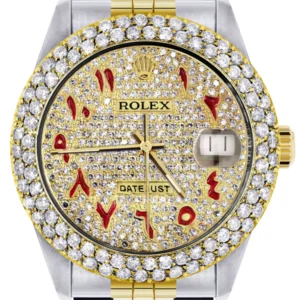 Diamond Gold Rolex Watch For Men 16233 | 36Mm | Custom Red Arabic Full Diamond Dial | Two Row 4.25 Carat Bezel | Jubilee Band