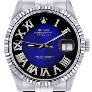 Mens Rolex Datejust Watch 16200 | Fluted Bezel | 36Mm | Blue Black Roman Numeral Dial | Jubilee Band