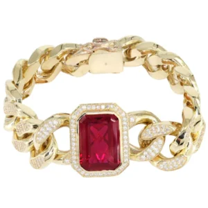 Solid Mens Ruby Miami Cuban Link Bracelet 10K Yellow Gold
